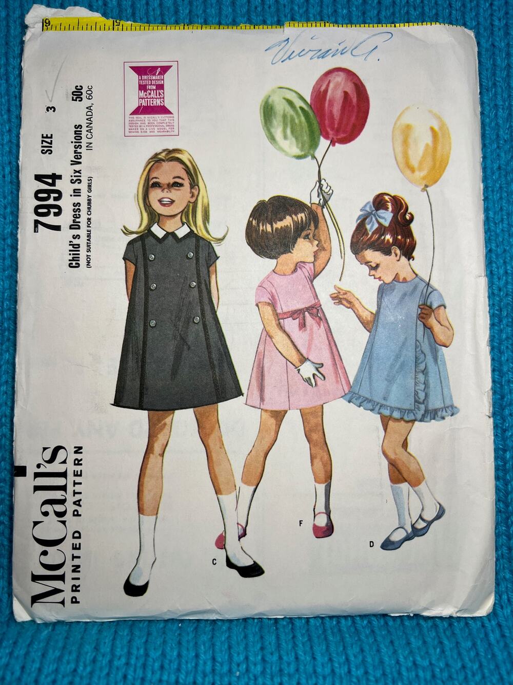 McCalls 7994 Sewing pattern girls dress A line 1960s Size 3